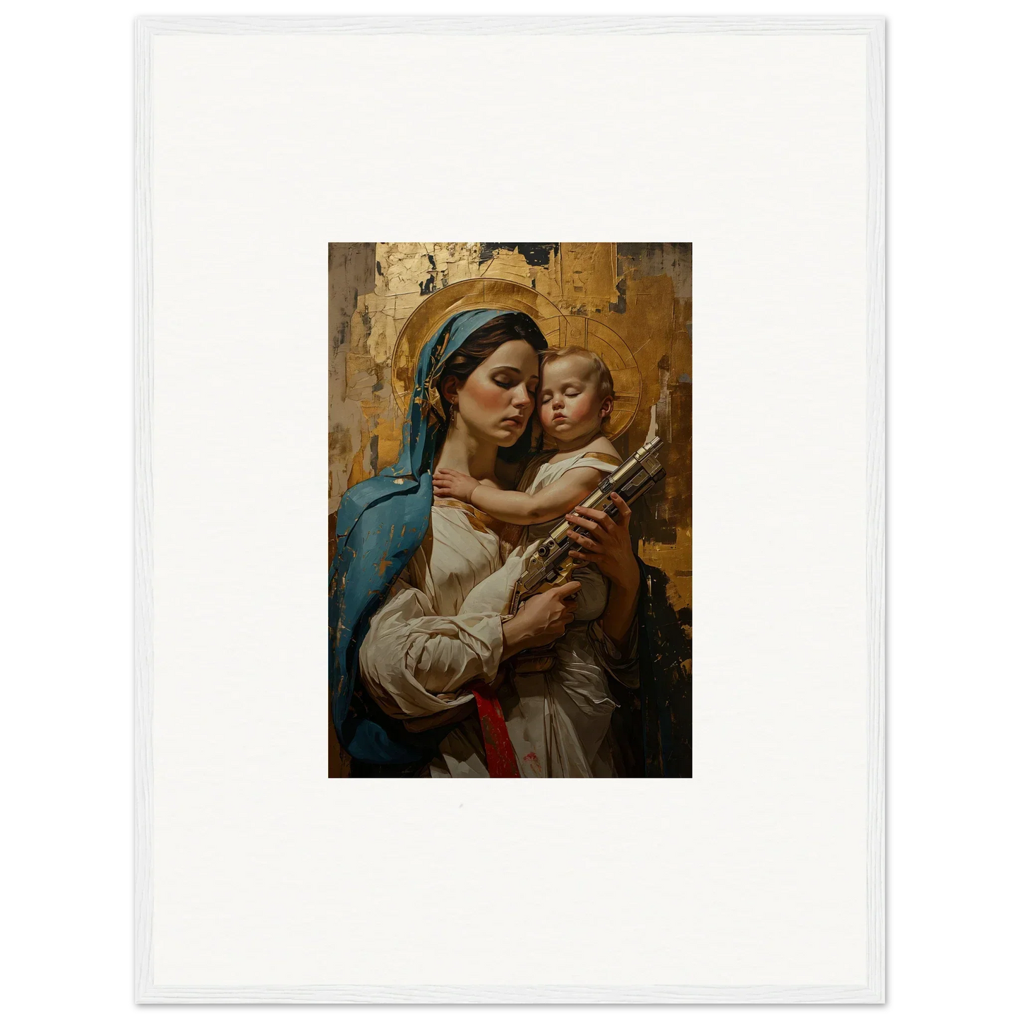 Painting of a woman and baby in traditional attire, ideal for room decor or framed wall art