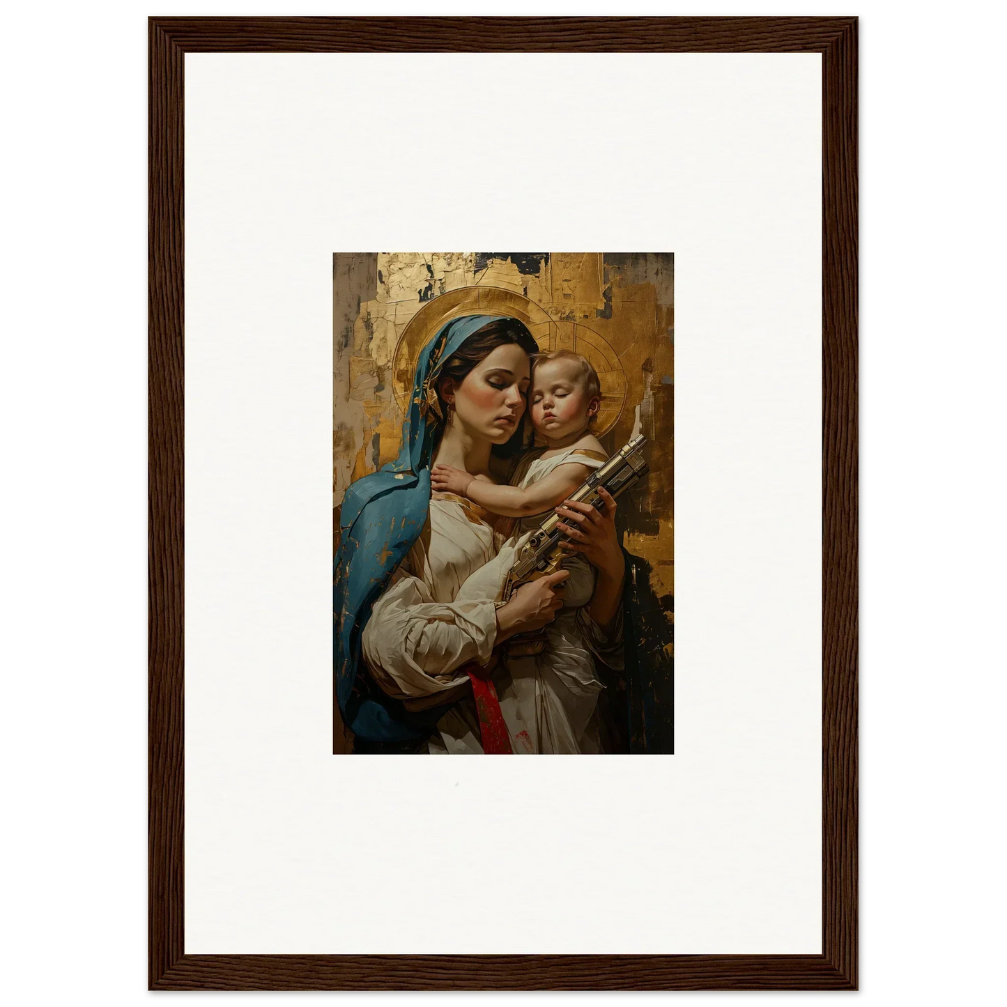 Framed wall art of a woman holding a baby, ideal for room decor or canvas prints