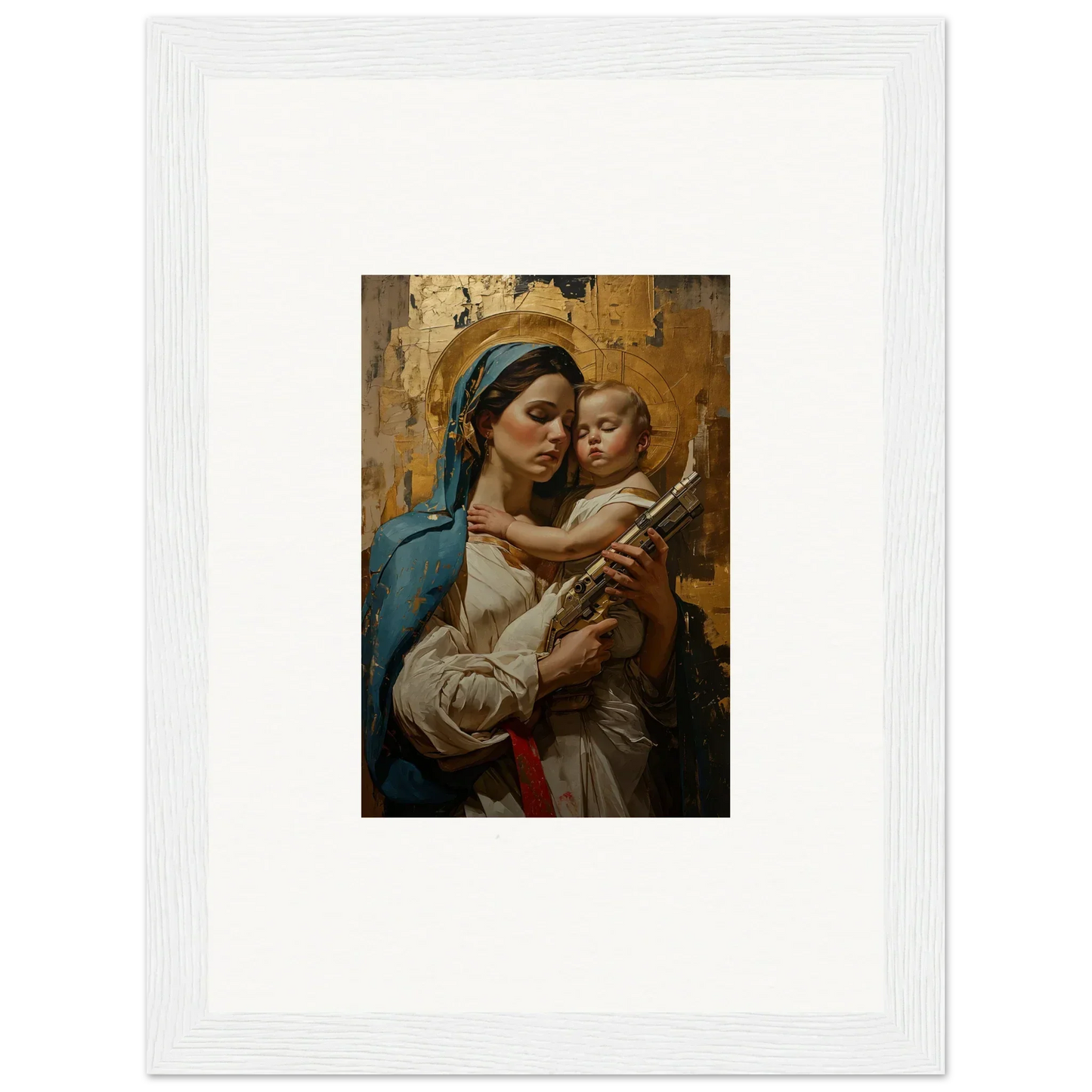 Framed wall art of a woman in blue holding a baby, perfect for room decor