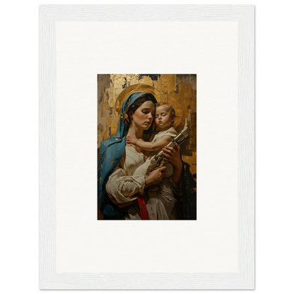 Framed wall art of a woman in blue holding a baby, perfect for room decor