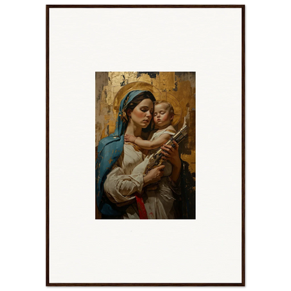 Framed wall art of a woman holding a child with a golden background for room decor