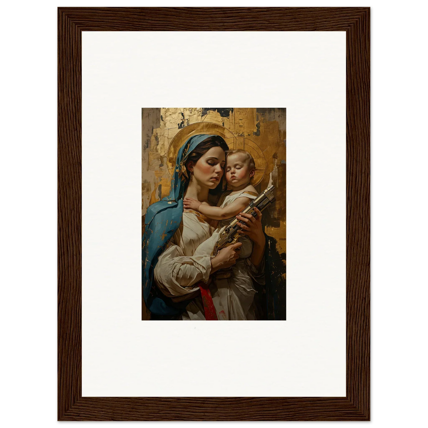 Framed wall art of a woman in blue holding a baby, ideal for room decor