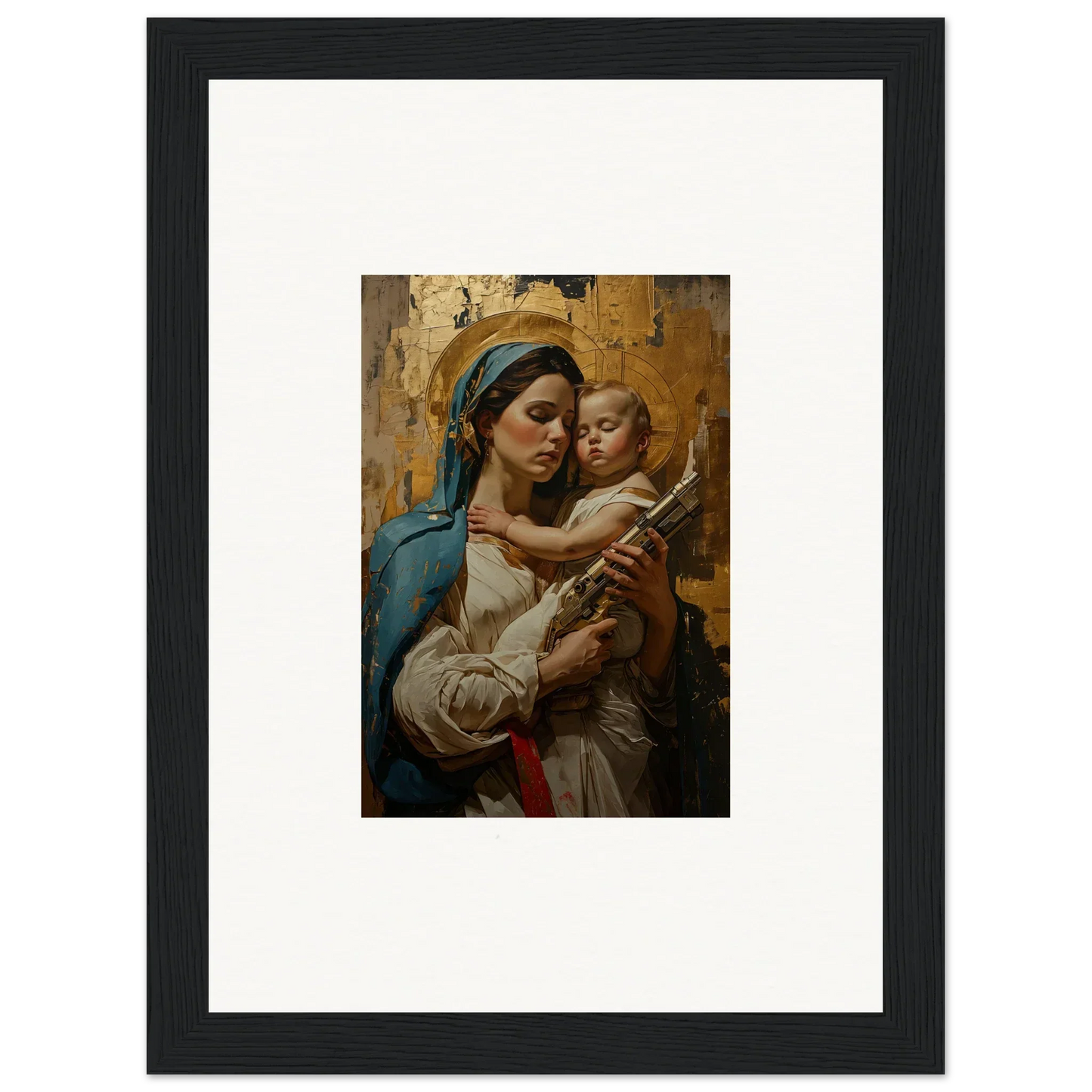 Framed wall art of a woman in blue holding a baby, perfect for room decor