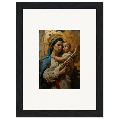 Framed wall art of a woman in blue holding a baby, perfect for room decor