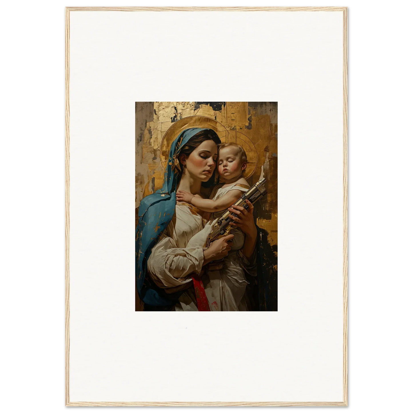 Painting of a woman holding a baby in traditional attire, ideal for room decor