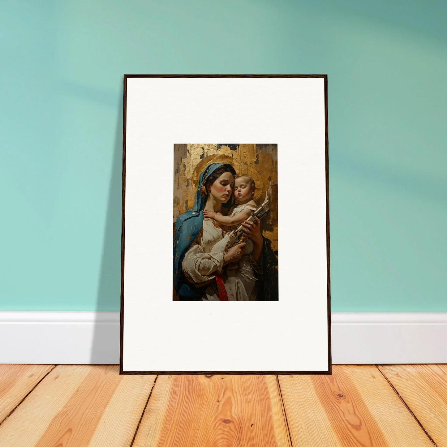 Framed wall art of a woman in blue holding a baby for stylish room decor