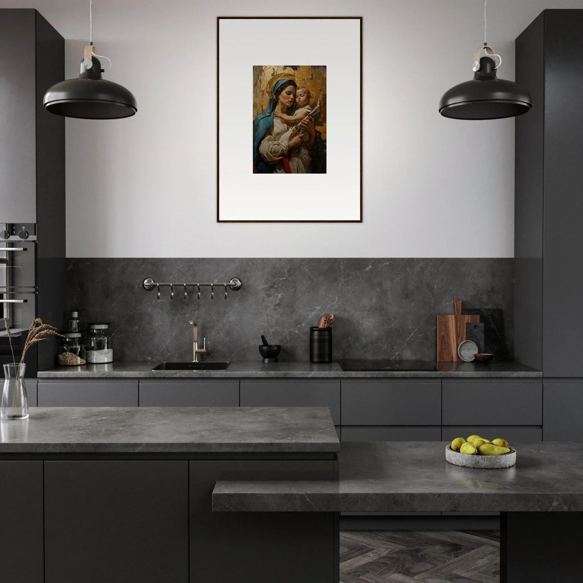 Modern dark gray kitchen featuring classical framed wall art as focal point for room decor