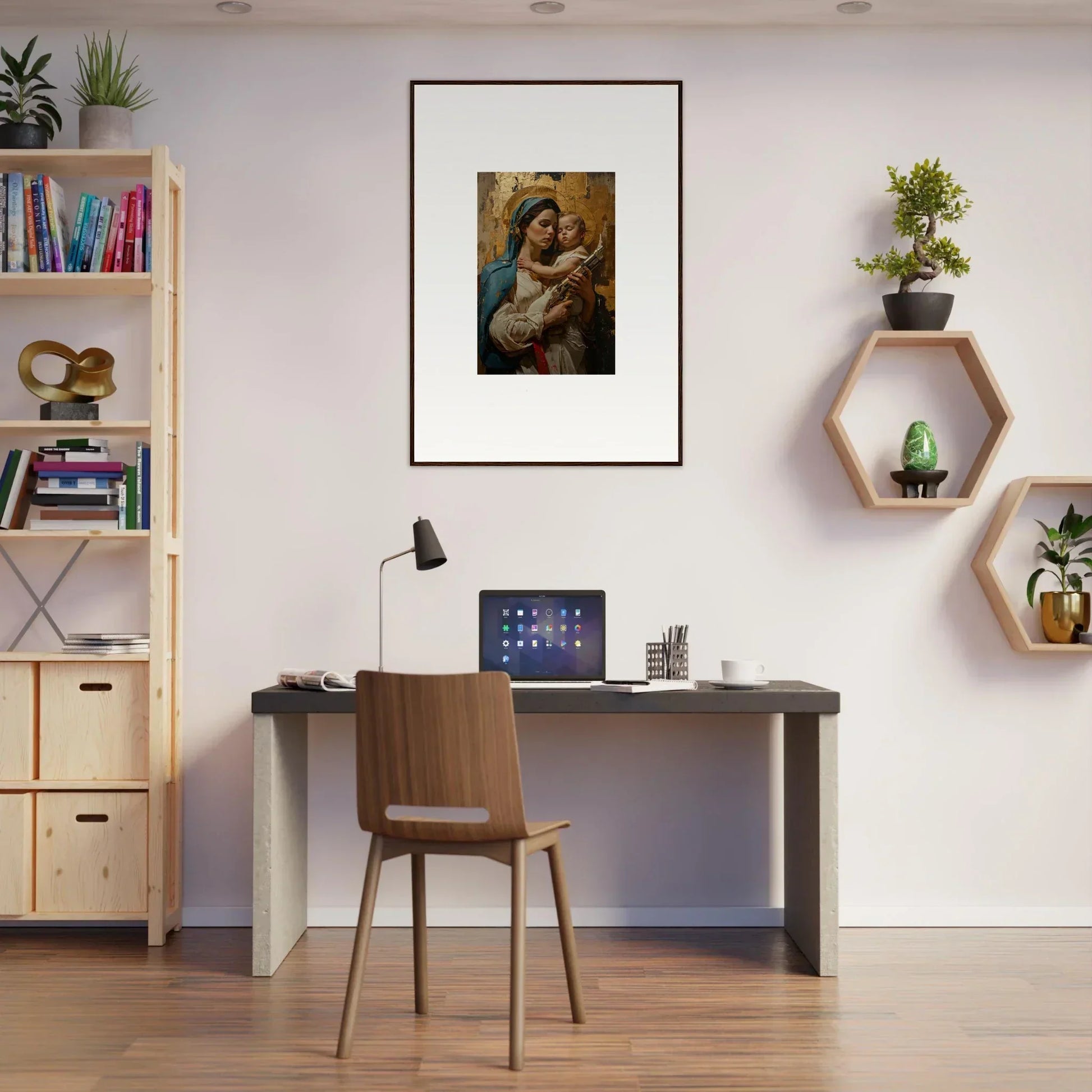 Home office workspace featuring a desk, chair, and framed wall art for room decor