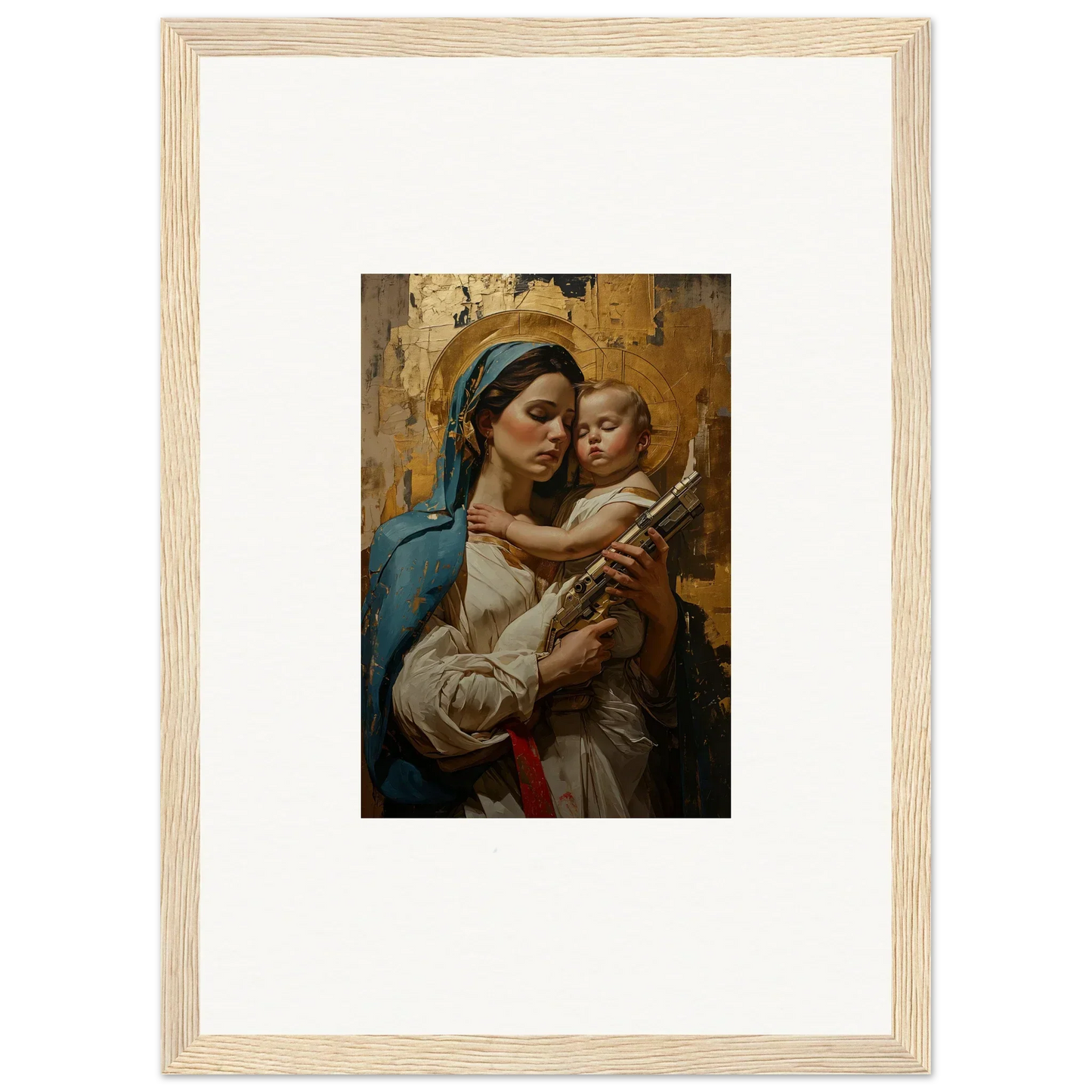 Framed wall art of a woman in blue holding a baby, perfect for room decor