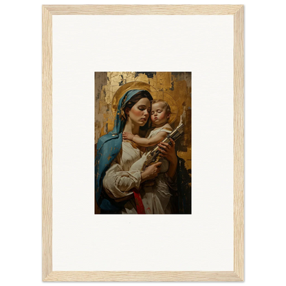 Framed wall art of a woman in blue holding a baby, perfect for room decor