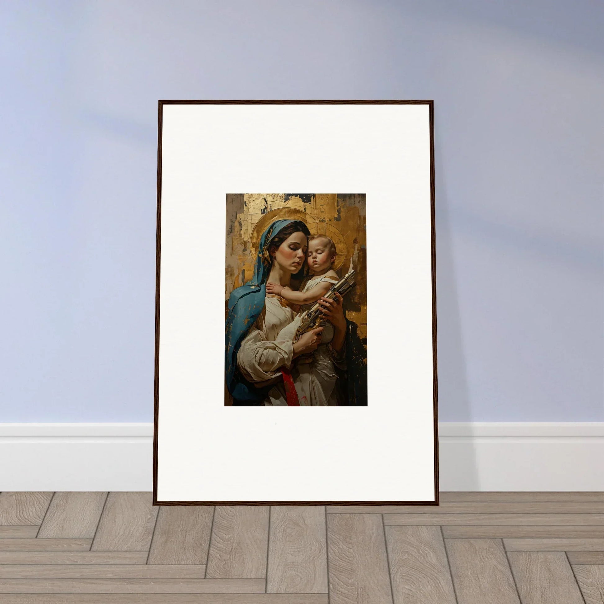 Framed wall art of a woman holding a baby in classical style for elegant room decor