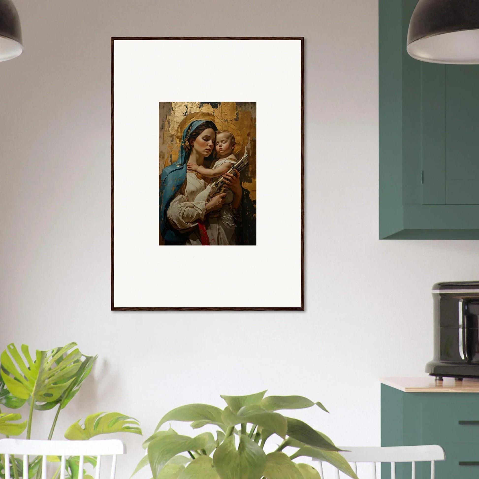 Framed wall art of a woman holding a baby, perfect for room decor