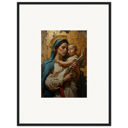 Framed wall art of a woman with a child against a golden background for room decor