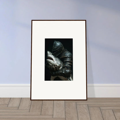 Framed black and white canvas print of a figure in armor with a glowing orb for room decoration