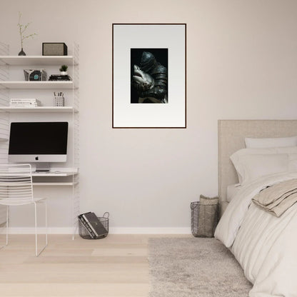 Minimalist bedroom with white walls, floating shelves, and shark epiphany canvas print