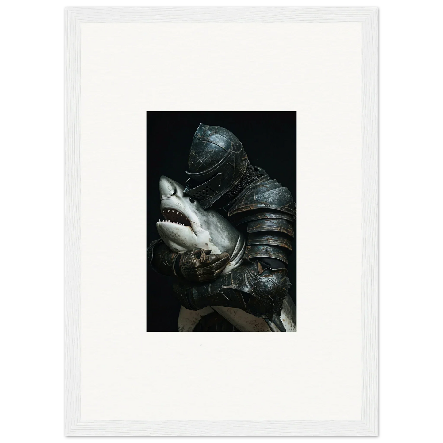 Dark armored figure holding a shark’s head canvas print for epic room decoration