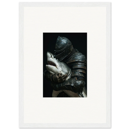 Dark armored figure holding a shark’s head canvas print for epic room decoration