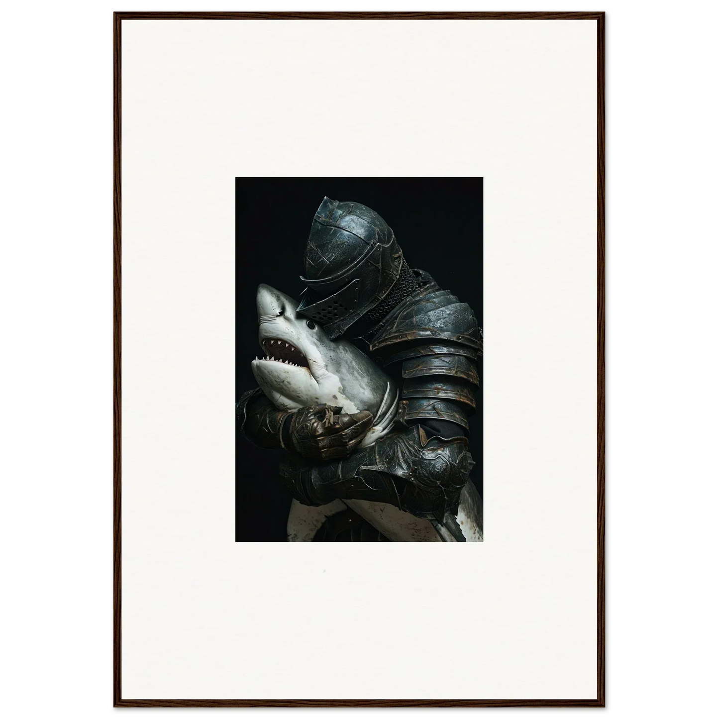 Surreal shark epiphany canvas print with a shark’s head in medieval armor for cool room decoration