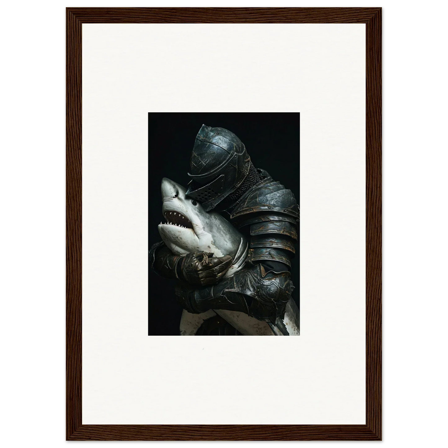 Surreal knight holding a shark for unique room decoration canvas print, Shark Epiphany