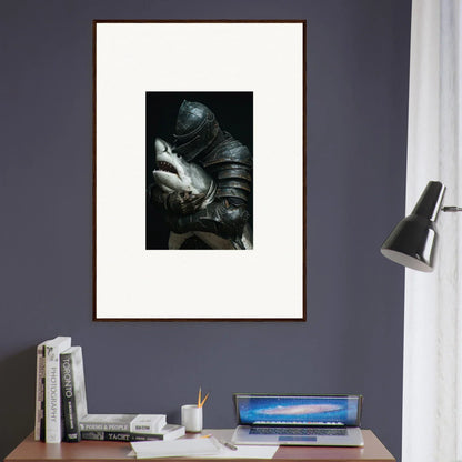 Framed black and white photo of a shadowy figure with hands, perfect for room decoration