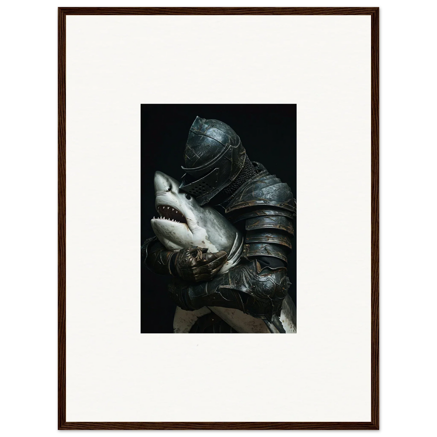 Surreal shark epiphany in medieval armor, perfect for unique room decoration canvas print