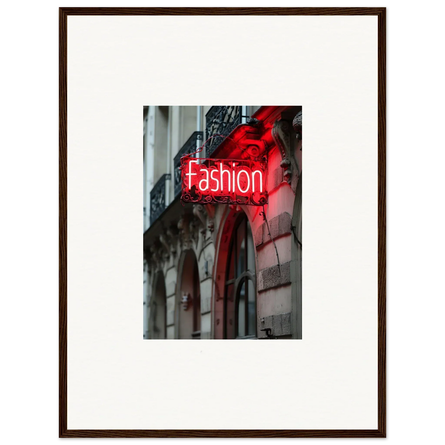 Neon red Fashion sign on building facade, ideal for Skylight Manifesto room decor