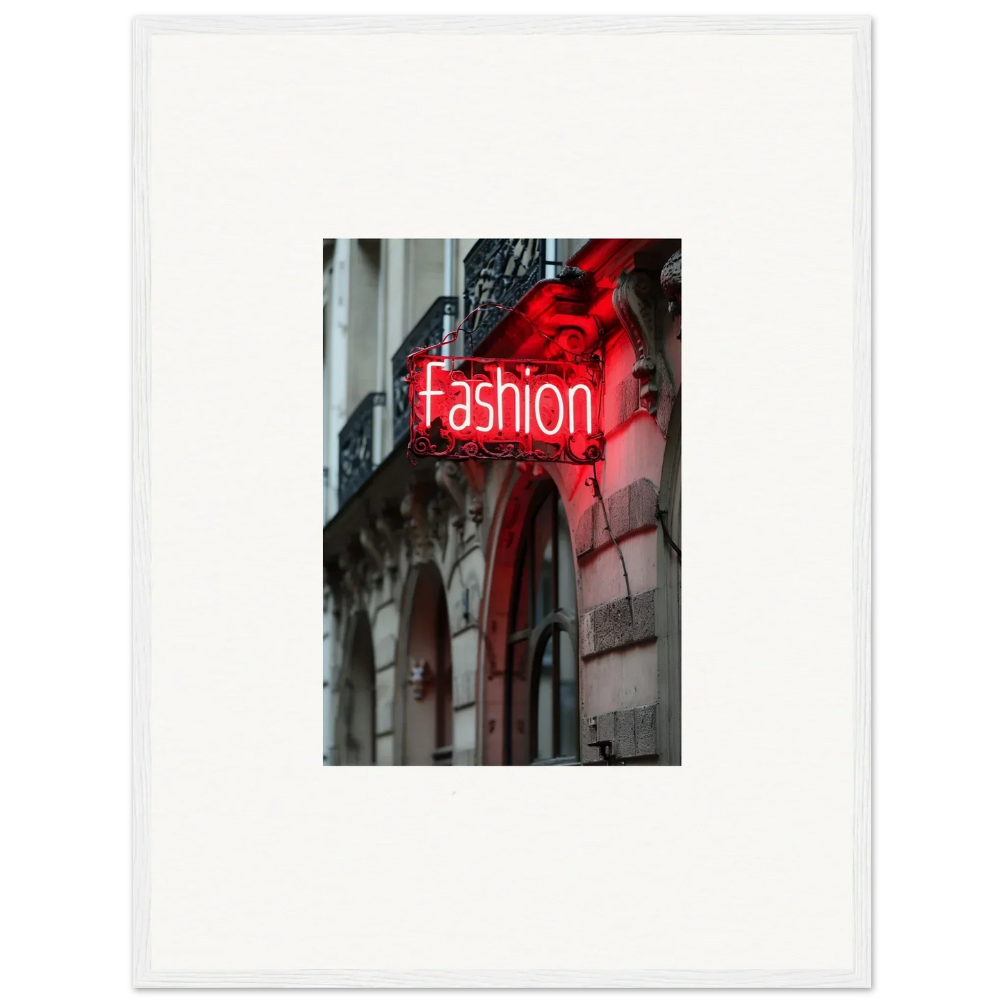 Glowing red neon Fashion sign on building facade for stylish room decor and Skylight Manifesto