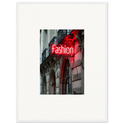 Glowing red neon Fashion sign on building facade for stylish room decor and Skylight Manifesto