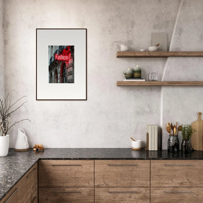 Modern kitchen with wooden cabinetry and framed red neon Open sign for room decor