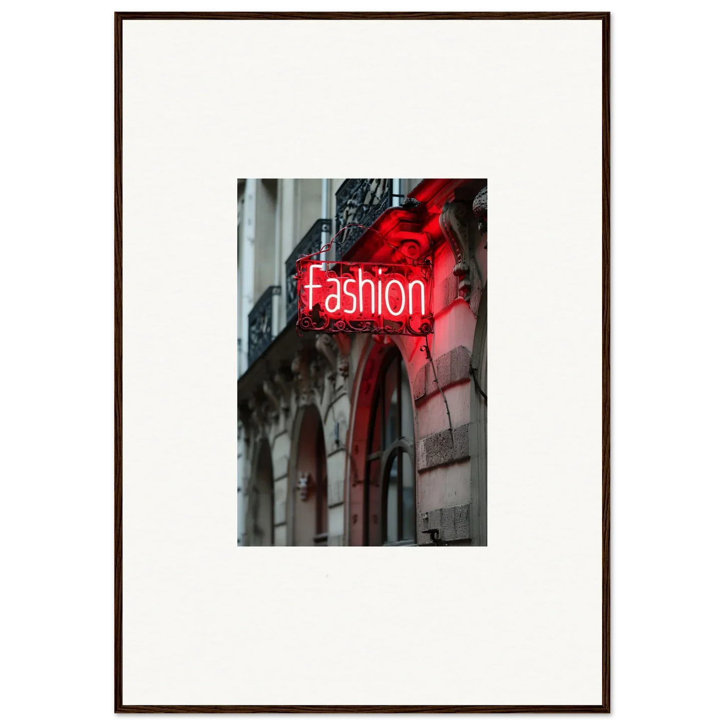 Framed wall art of a glowing red neon Fashion sign for your Skylight Manifesto room decor