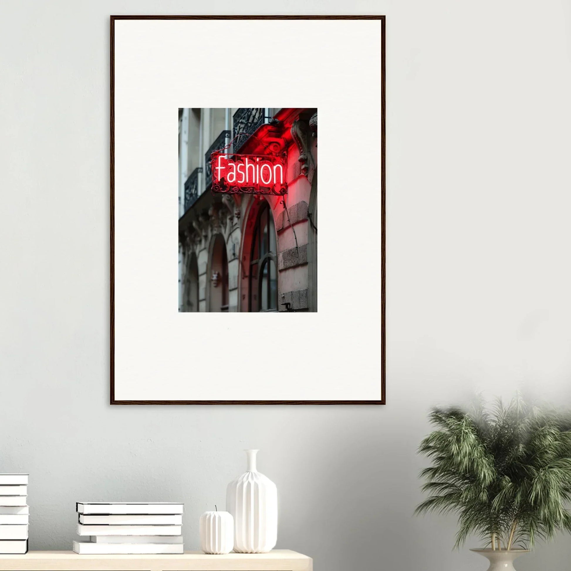 Framed wall art of a red neon Fashion sign for stylish room decor in Skylight Manifesto