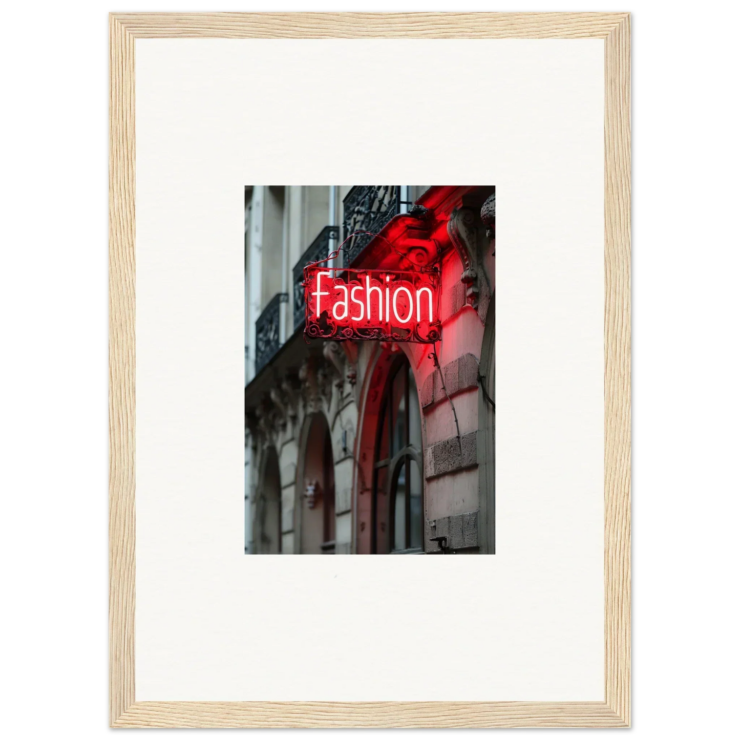 Framed red neon Fashion sign on building, perfect for Skylight Manifesto-inspired room decor