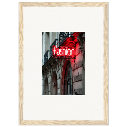 Framed red neon Fashion sign on building, perfect for Skylight Manifesto-inspired room decor