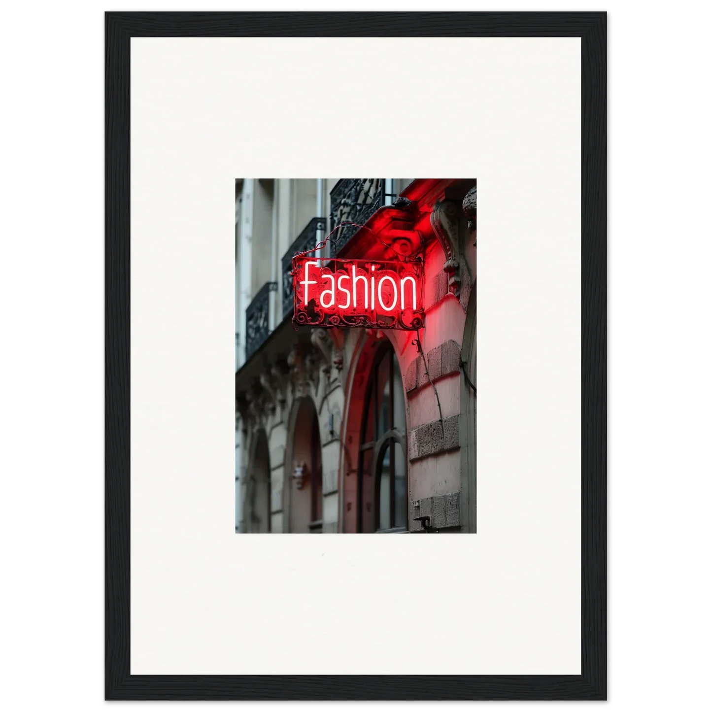 Neon red Fashion sign on building for Skylight Manifesto themed room decor