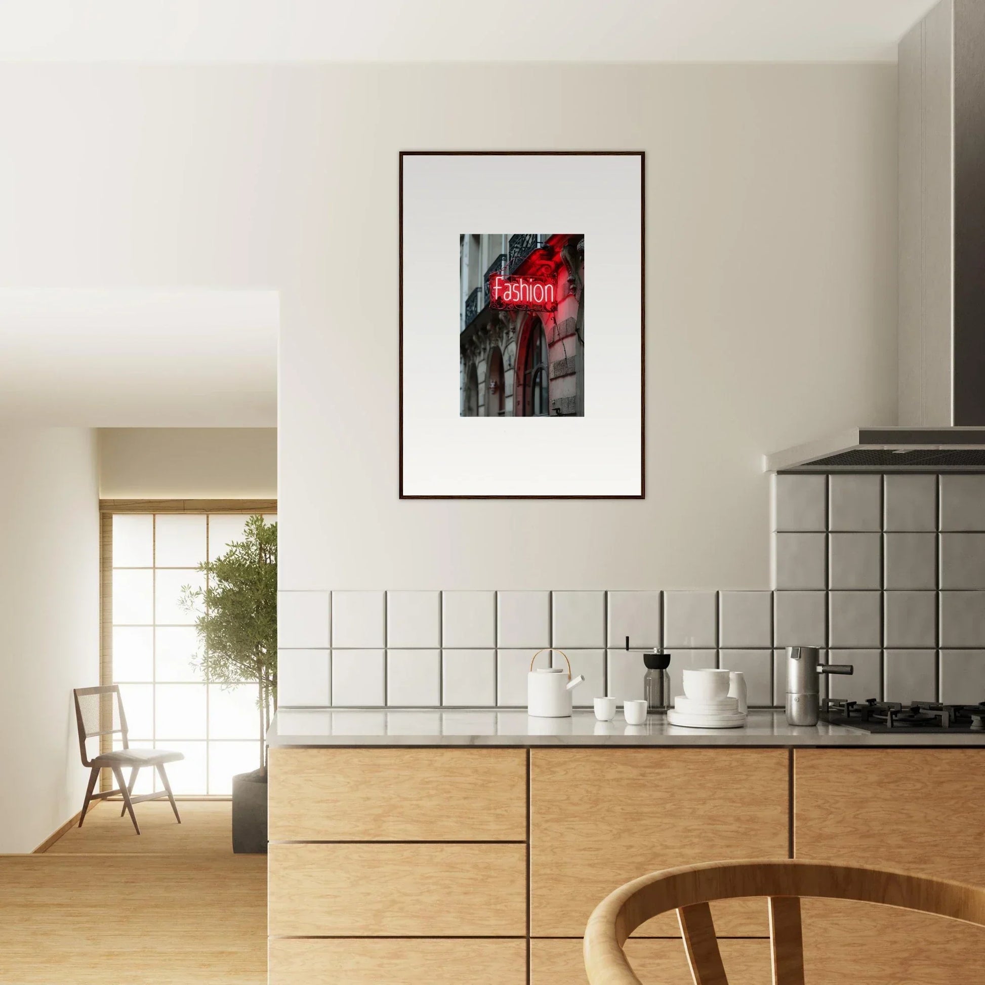 Framed wall art featuring a neon Fashion sign for chic room decor from Skylight Manifesto