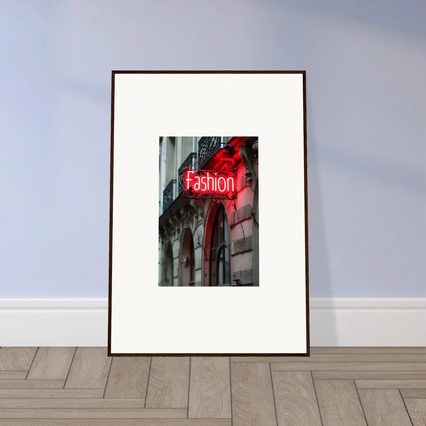 Framed wall art of red neon Fashion sign for stylish room decor from Skylight Manifesto