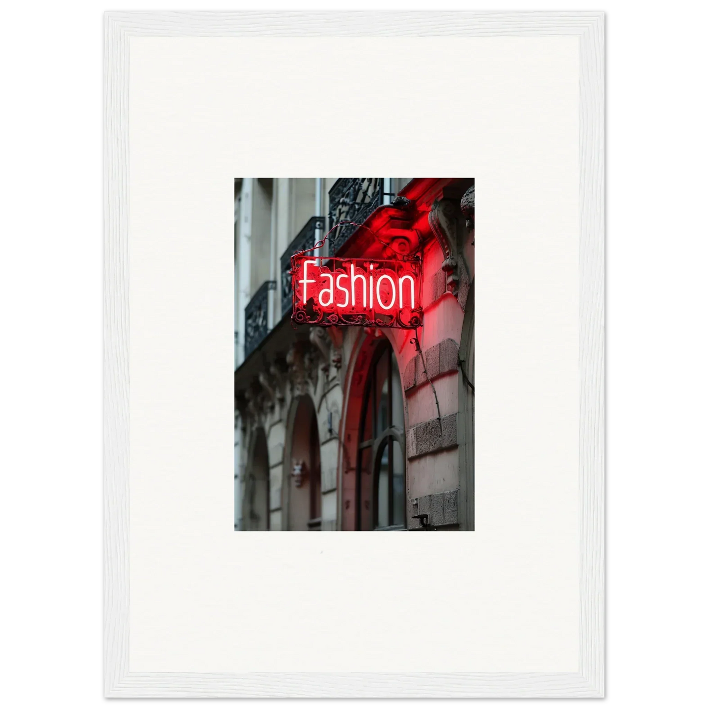 Neon red Fashion sign on building facade, a stylish touch for Skylight Manifesto room decor