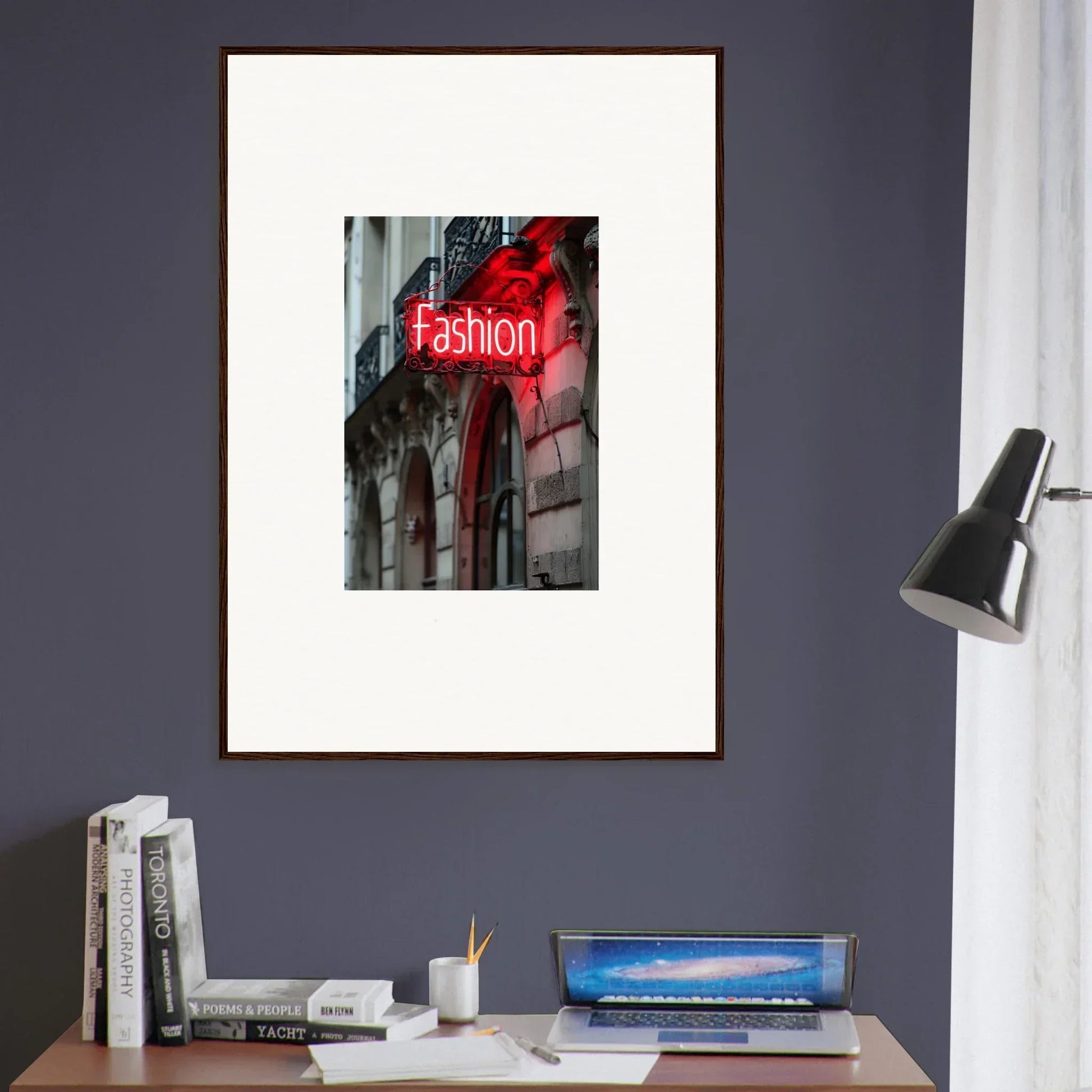 Framed wall art of a red neon Fashion sign for stylish room decor in Skylight Manifesto