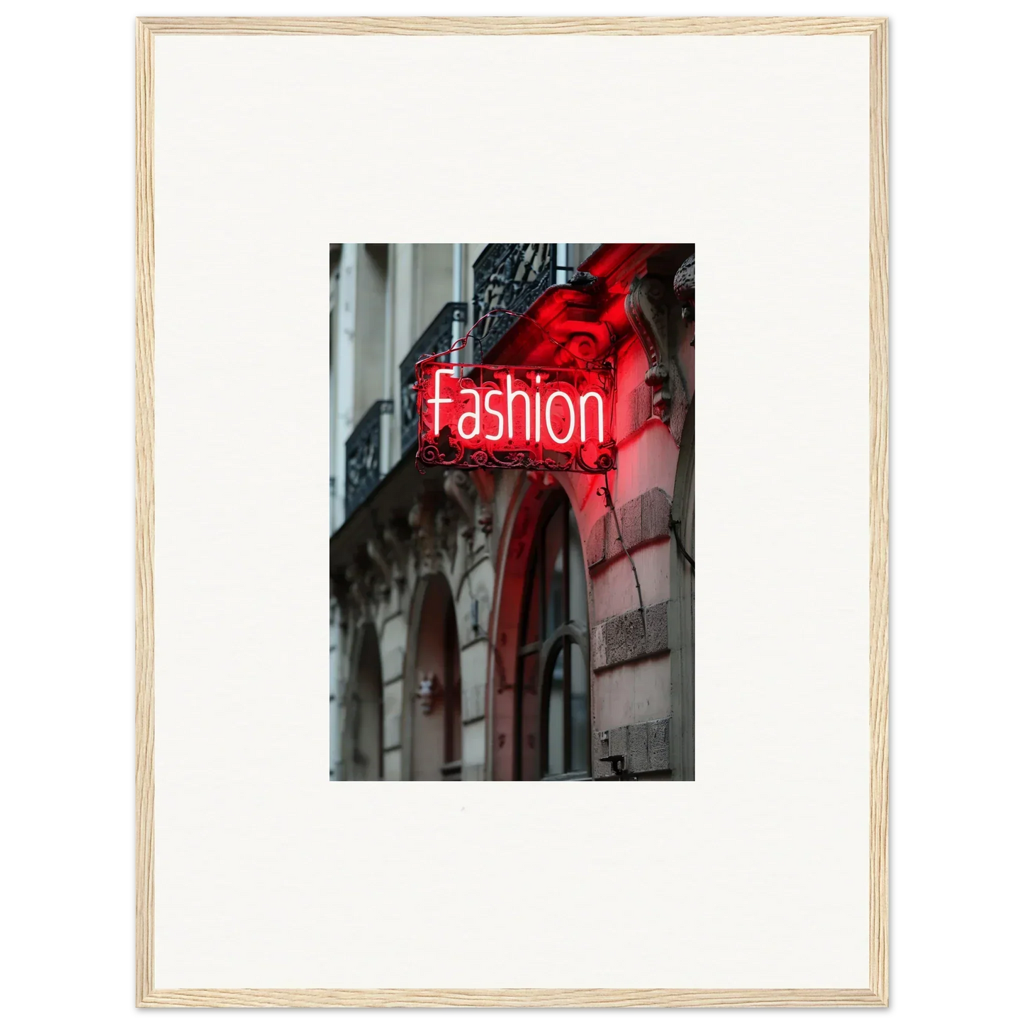 Neon red Fashion sign on building facade, perfect for Skylight Manifesto room decor