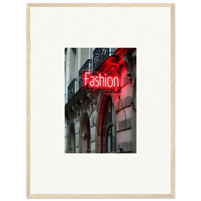 Neon red Fashion sign on building facade, perfect for Skylight Manifesto room decor