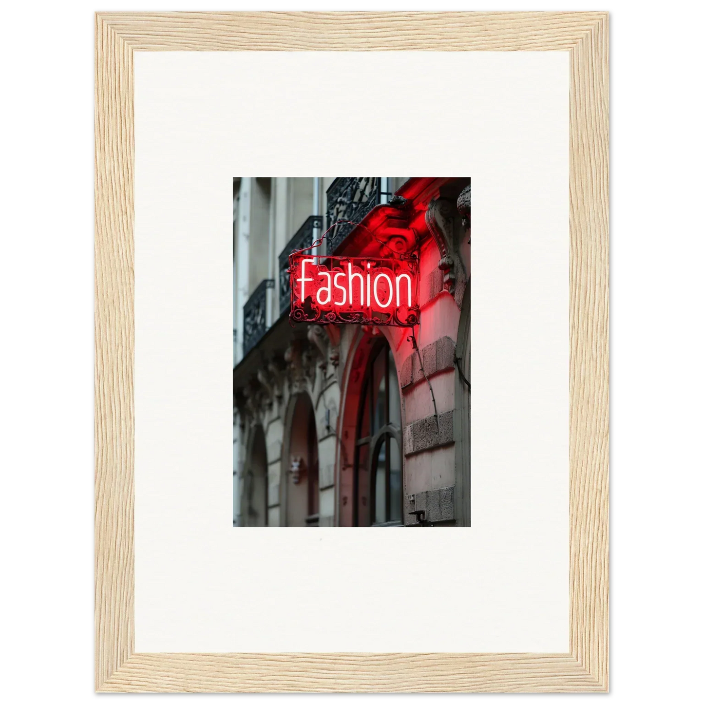 Framed wall art of a neon Fashion sign for stylish room decor inspired by Skylight Manifesto