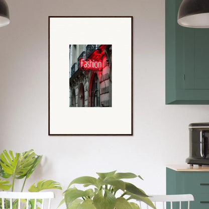 Framed wall art of a red neon Fashion sign for stylish room decor in Skylight Manifesto