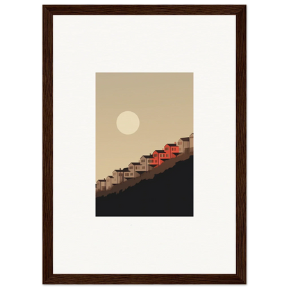 Framed wall art of red-roofed houses under a full moon for inspired room decor