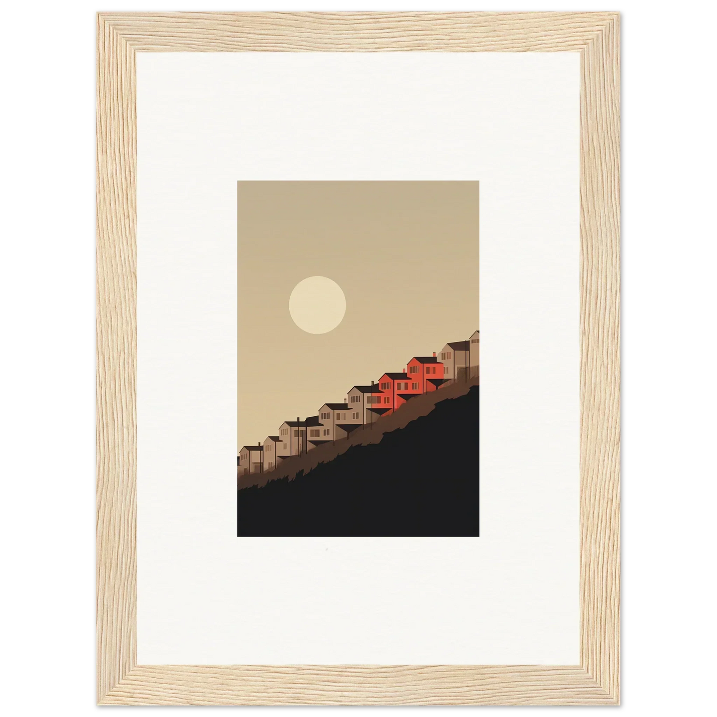 Framed wall art of red-roofed houses under a full moon for room decor and whisper manifestation