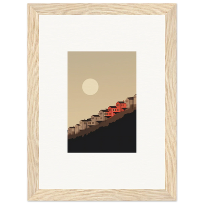 Framed wall art of red-roofed houses under a full moon for room decor and whisper manifestation