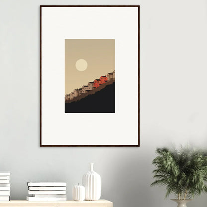 Framed wall art of a minimalist sunset with red umbrellas for room decor and whisper manifestation