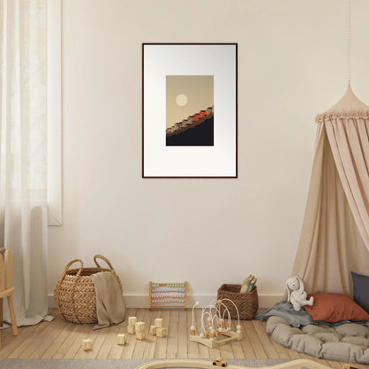 Framed wall art of minimalist landscape with sun over mountains for room decor and whisper manifestation