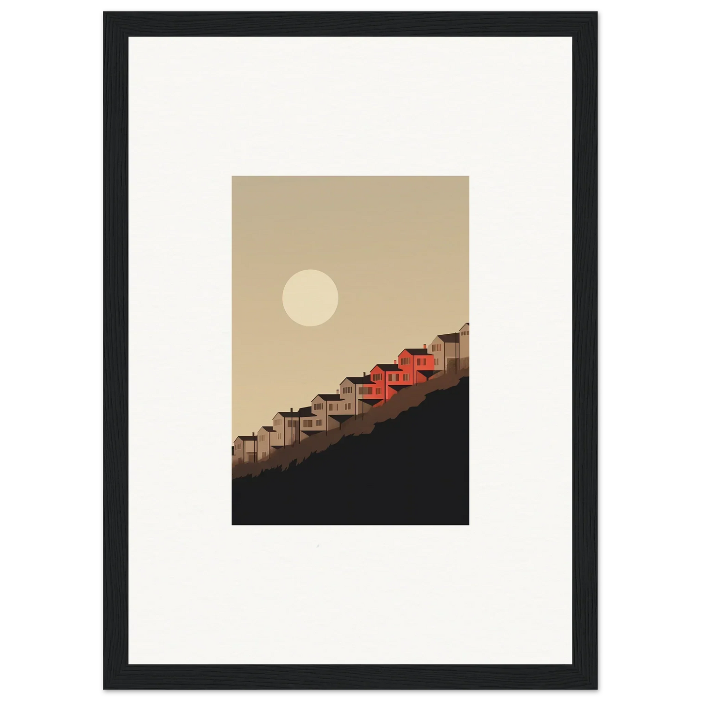 Framed wall art of red-roofed houses under a full moon for stylish room decor