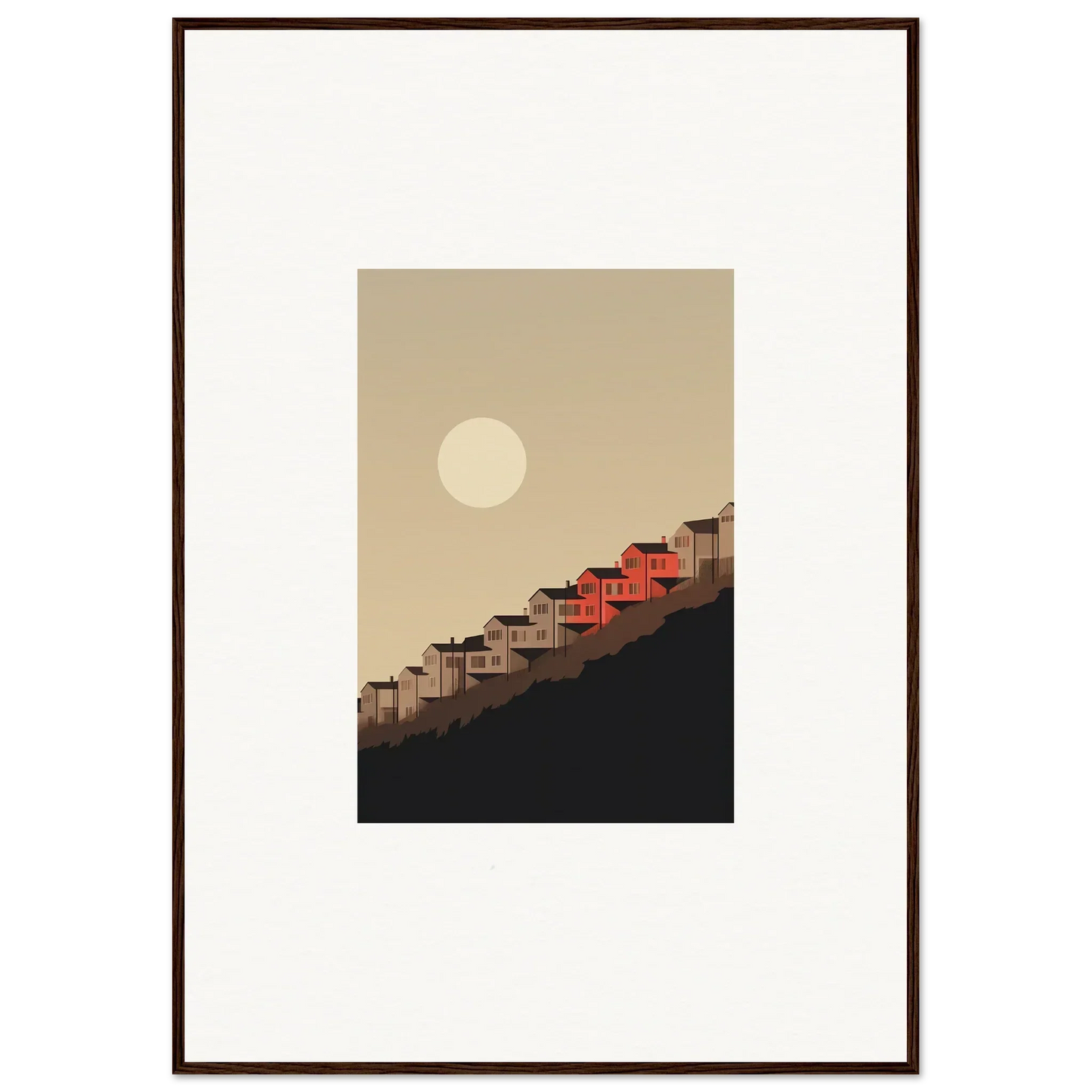 Framed wall art of minimalist houses under a full moon for stylish room decor