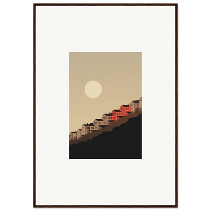 Framed wall art of minimalist houses under a full moon for stylish room decor